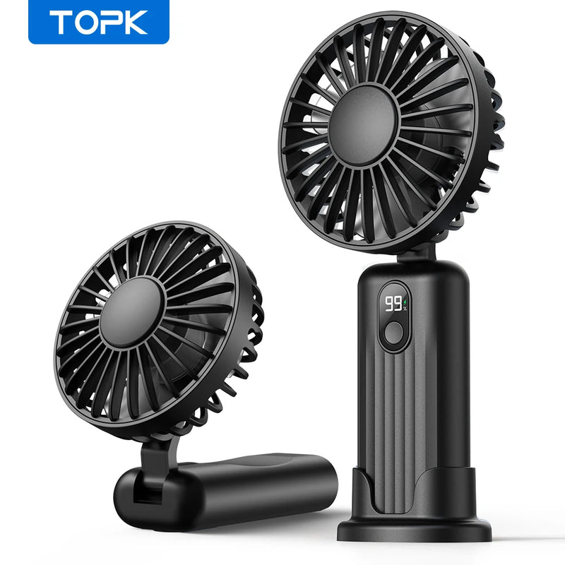 Topk-Mini ventilador elétrico portátil, ventilador de mão pessoal, Fãs em pé, USB recarregável, 3in 1, Quarto, Camping, 2400mAh